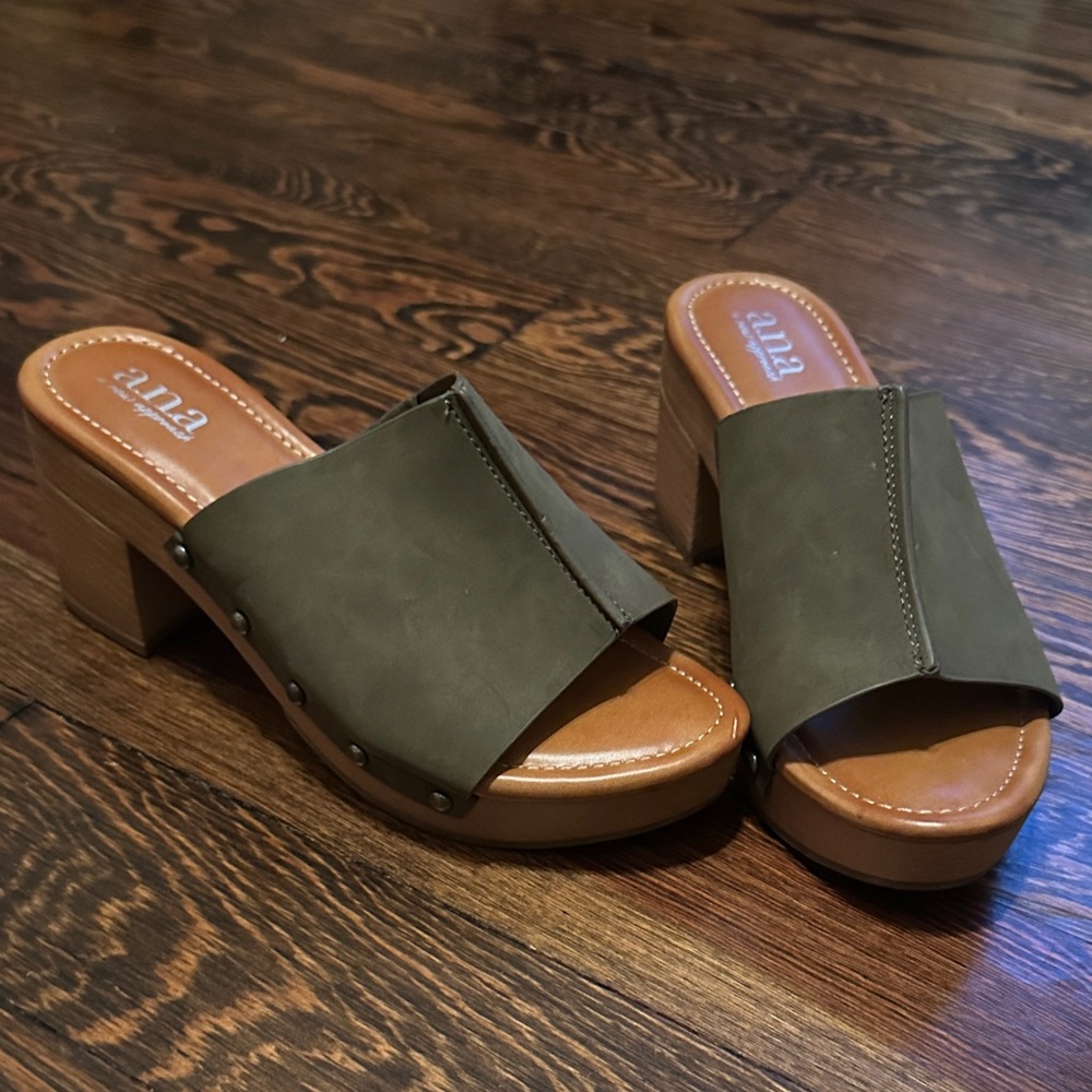 a.n.a Olive Green Wooden Block Heel Clog Mules